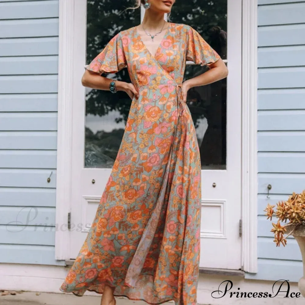 Vintage Cotton Rayon Orange Floral Print Summer Dress - Image 4