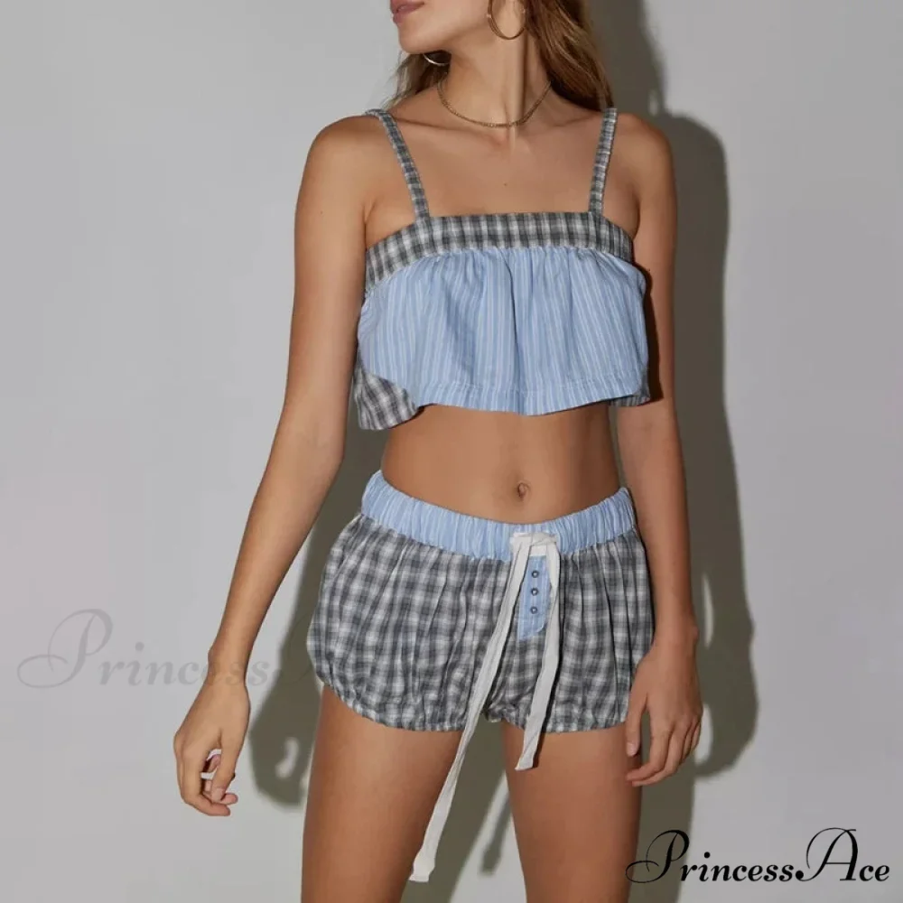 Vintage Cute Plaid Patchwork Camis Crop Top Shorts Two Pieces Set - Image 2