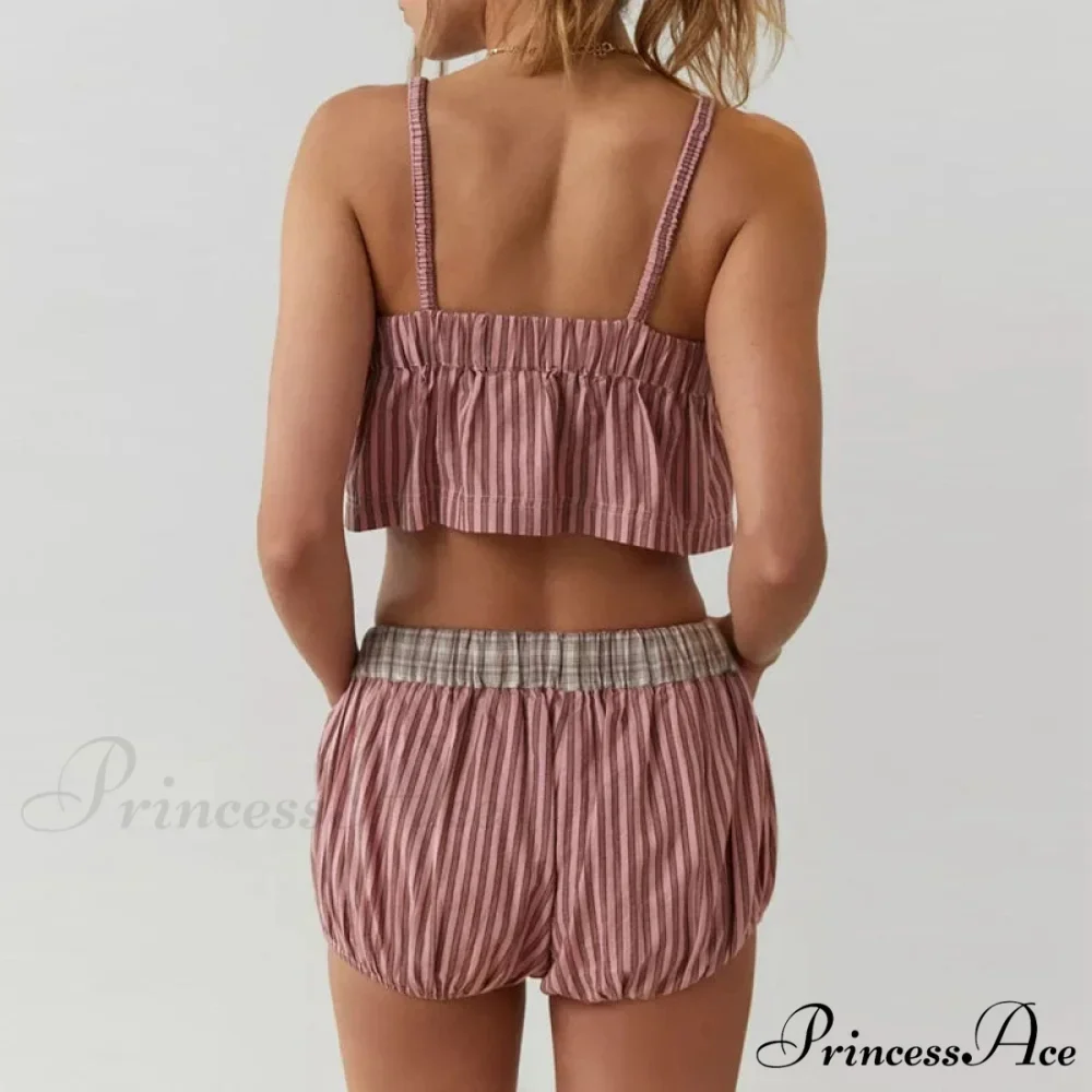 Vintage Cute Plaid Patchwork Camis Crop Top Shorts Two Pieces Set - Image 5