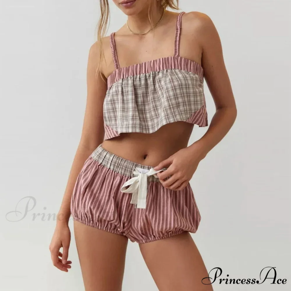Vintage Cute Plaid Patchwork Camis Crop Top Shorts Two Pieces Set - Image 6