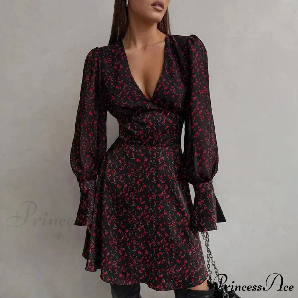 Vintage Deep V Extended-Sleeve Floral Dress - Image 2