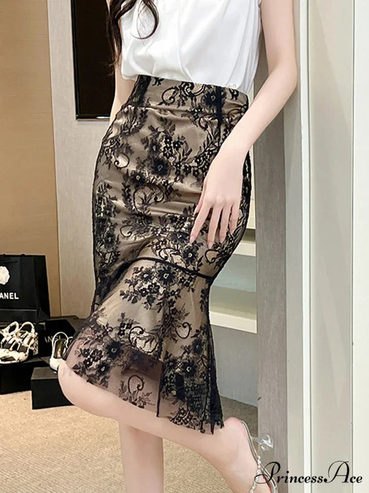 Vintage Flexible Lace Enveloped Mermaid High Waist Skirt - Image 2
