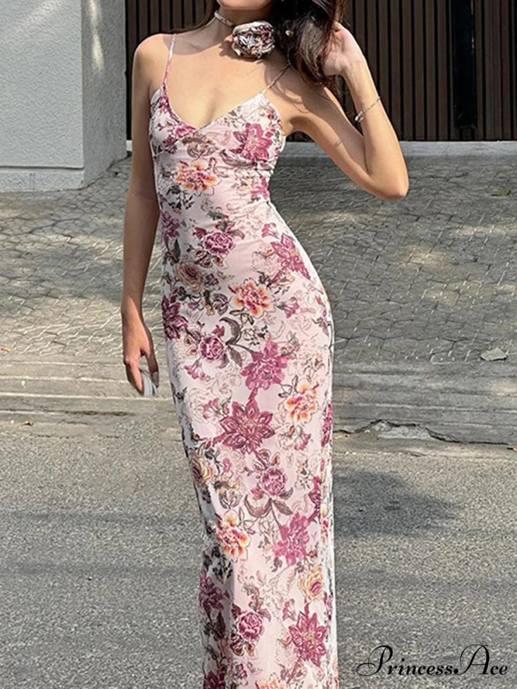 Vintage Flower Pattern Camisole Open-Back Wrap Flower Dress - Image 2