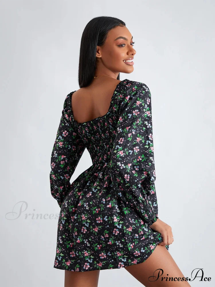Vintage Flower Pattern Frilled Edge Square Neck Flared Short Flower Dress - Image 2
