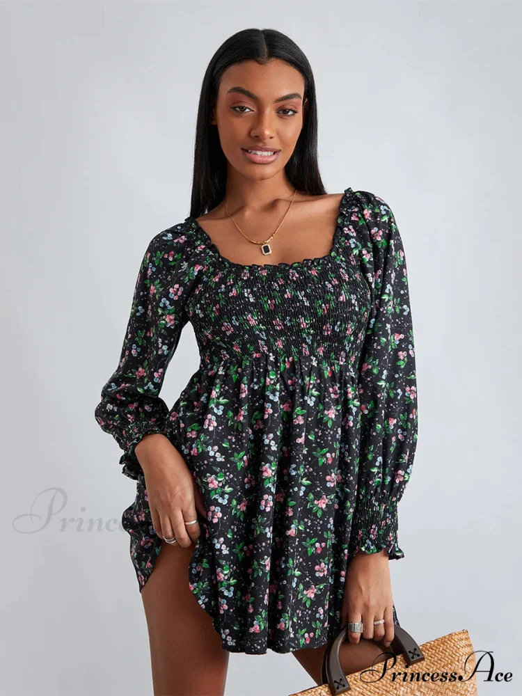 Vintage Flower Pattern Frilled Edge Square Neck Flared Short Flower Dress - Image 3