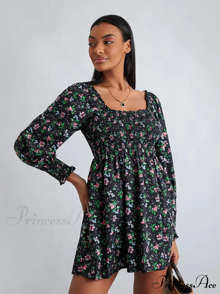Vintage Flower Pattern Frilled Edge Square Neck Flared Short Flower Dress - Image 4