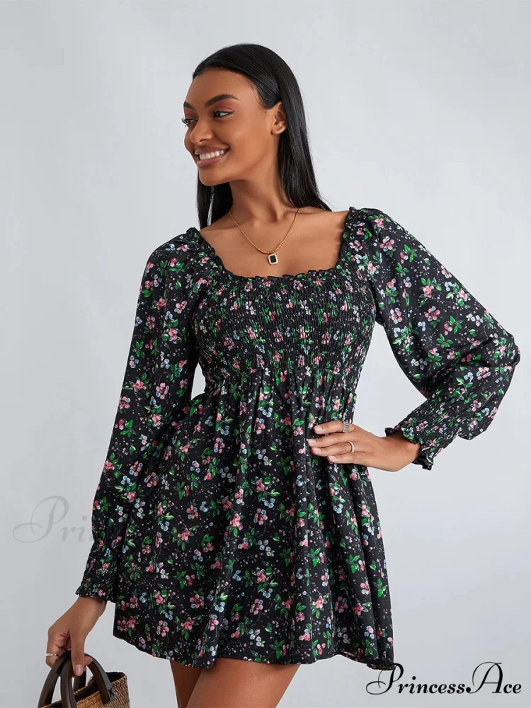 Vintage Flower Pattern Frilled Edge Square Neck Flared Short Flower Dress - Image 5