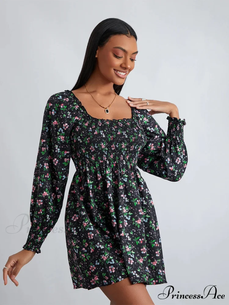 Vintage Flower Pattern Frilled Edge Square Neck Flared Short Flower Dress - Image 6