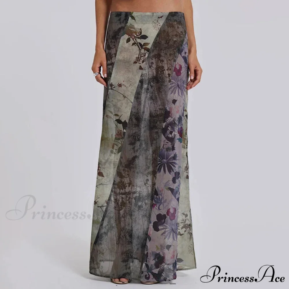 Vintage Flower Pattern Long Patchwork Mesh Low Cut Skirt - Image 2