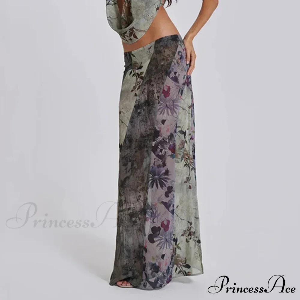 Vintage Flower Pattern Long Patchwork Mesh Low Cut Skirt - Image 3