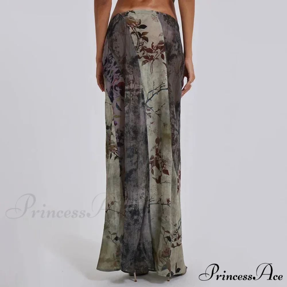 Vintage Flower Pattern Long Patchwork Mesh Low Cut Skirt - Image 4
