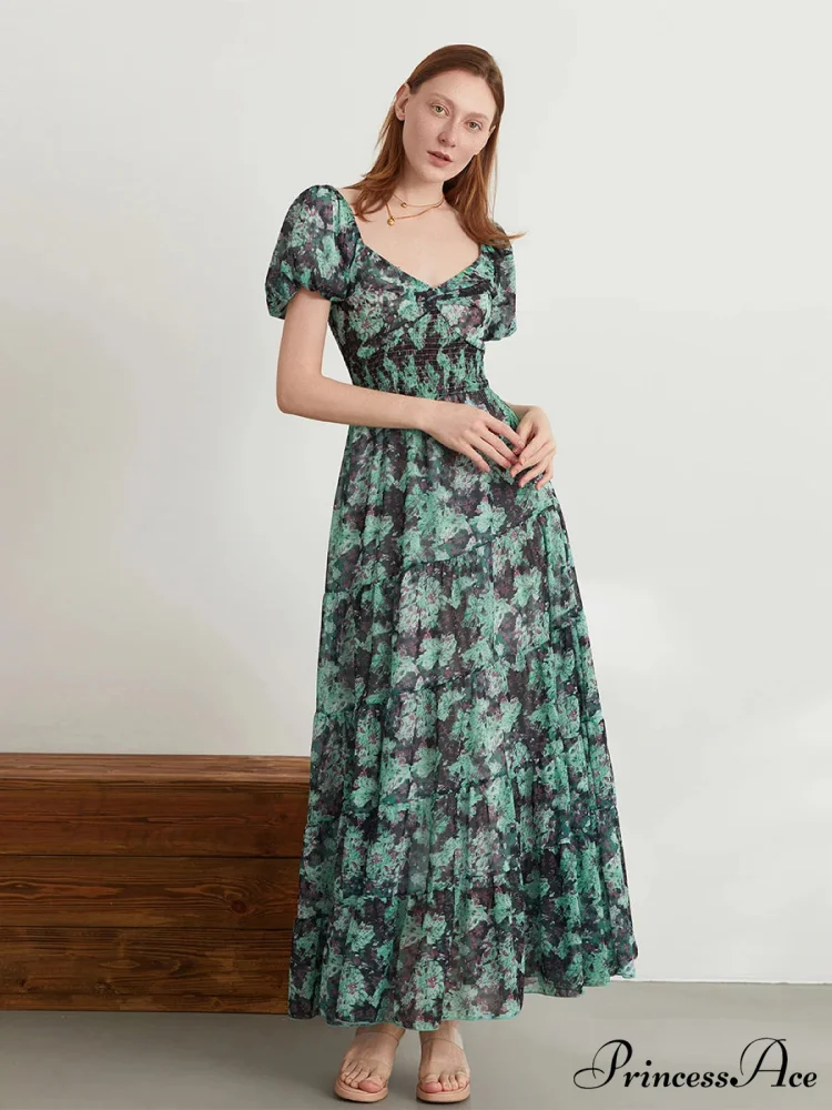 Vintage Flower Pattern Swing Puff Short Sleeve Sweetheart Neck A-Line Beach Dress - Image 10
