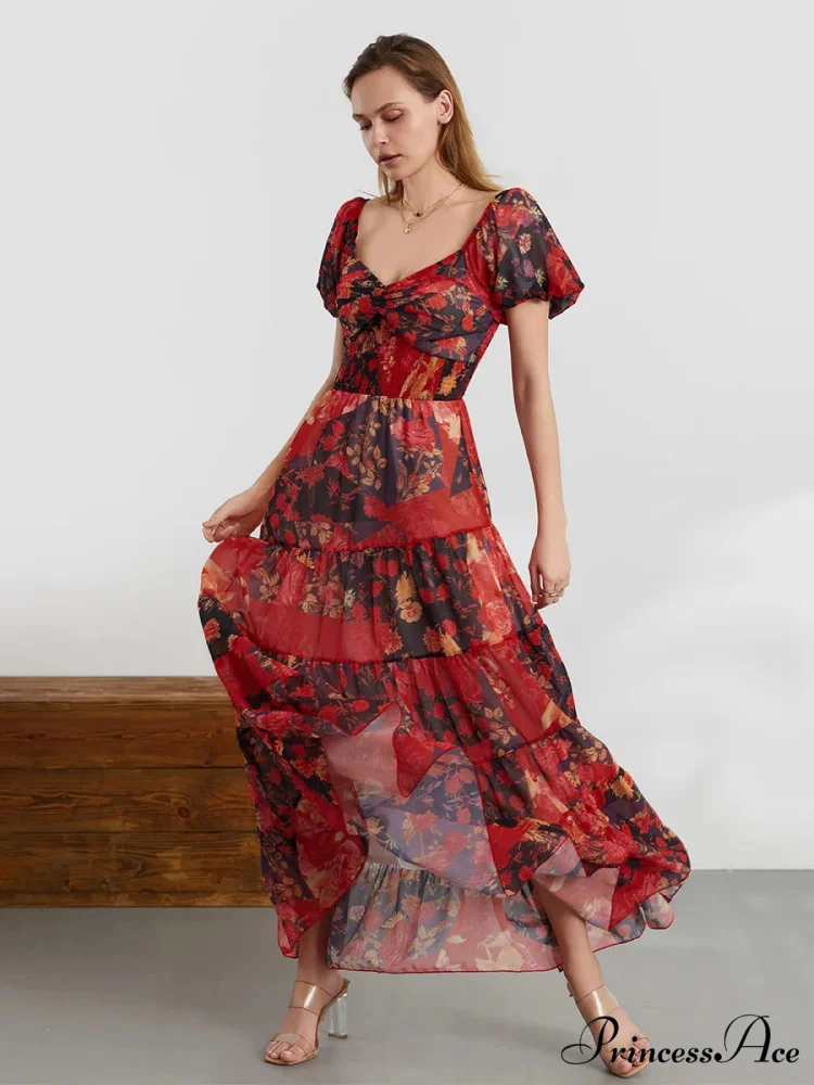 Vintage Flower Pattern Swing Puff Short Sleeve Sweetheart Neck A-Line Beach Dress - Image 2