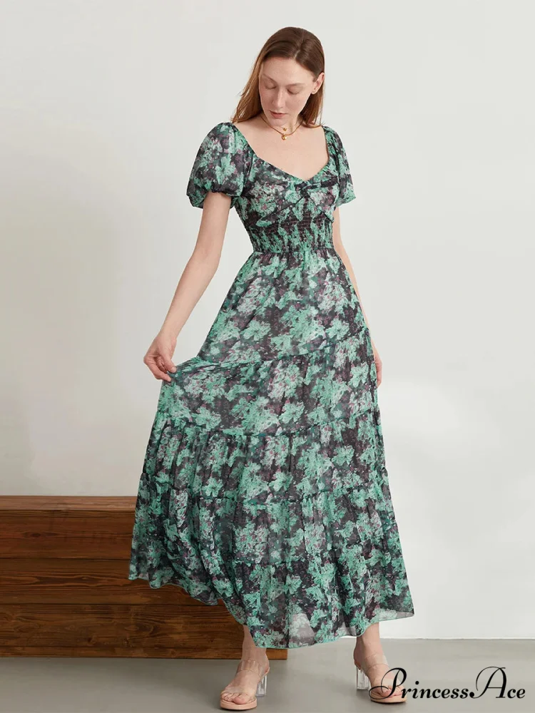 Vintage Flower Pattern Swing Puff Short Sleeve Sweetheart Neck A-Line Beach Dress - Image 3