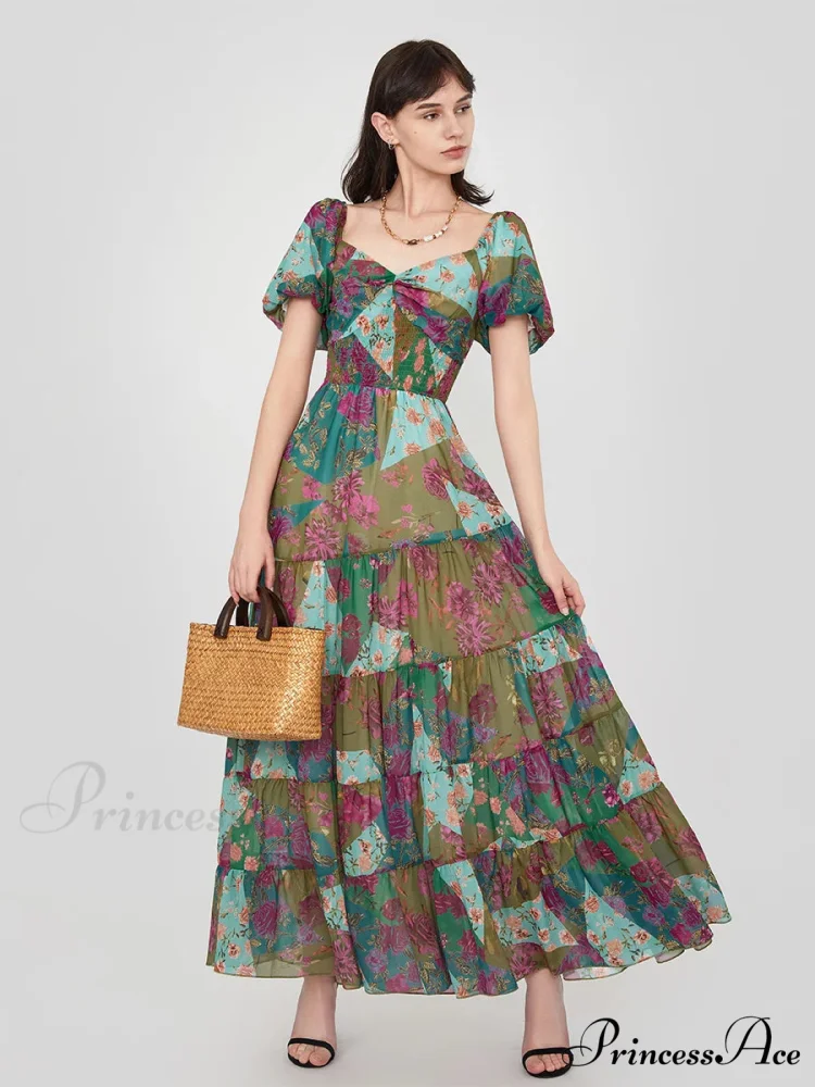 Vintage Flower Pattern Swing Puff Short Sleeve Sweetheart Neck A-Line Beach Dress - Image 5