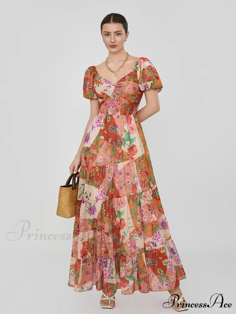 Vintage Flower Pattern Swing Puff Short Sleeve Sweetheart Neck A-Line Beach Dress - Image 6