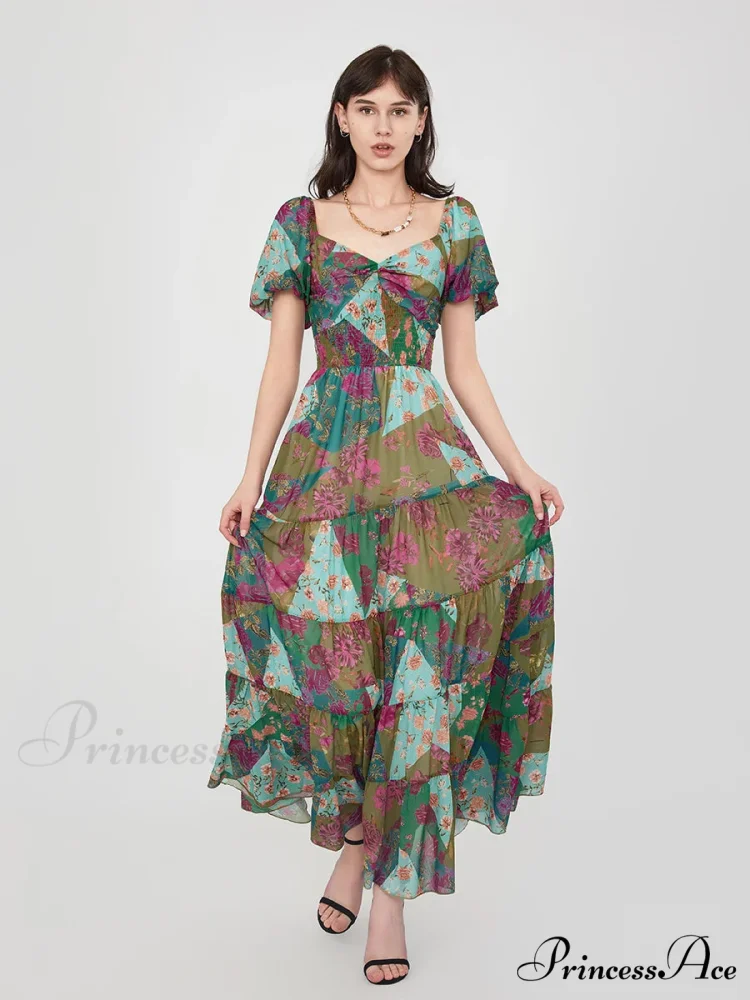 Vintage Flower Pattern Swing Puff Short Sleeve Sweetheart Neck A-Line Beach Dress - Image 7