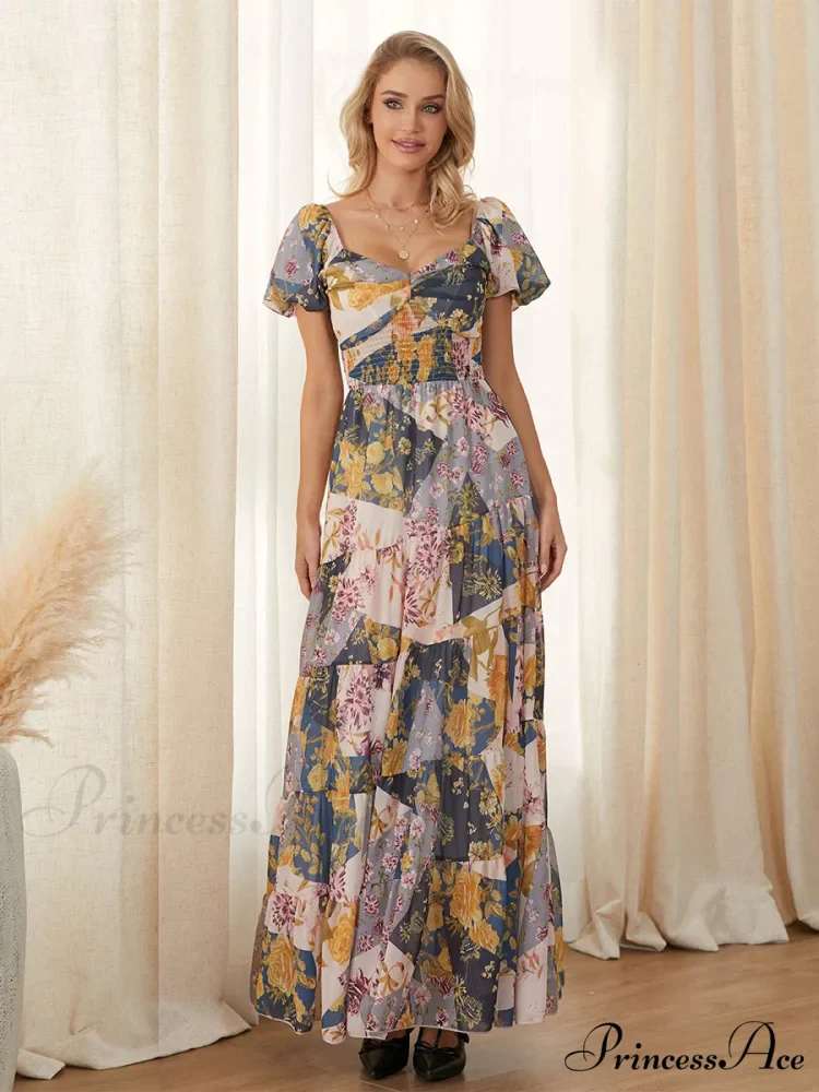 Vintage Flower Pattern Swing Puff Short Sleeve Sweetheart Neck A-Line Beach Dress - Image 8