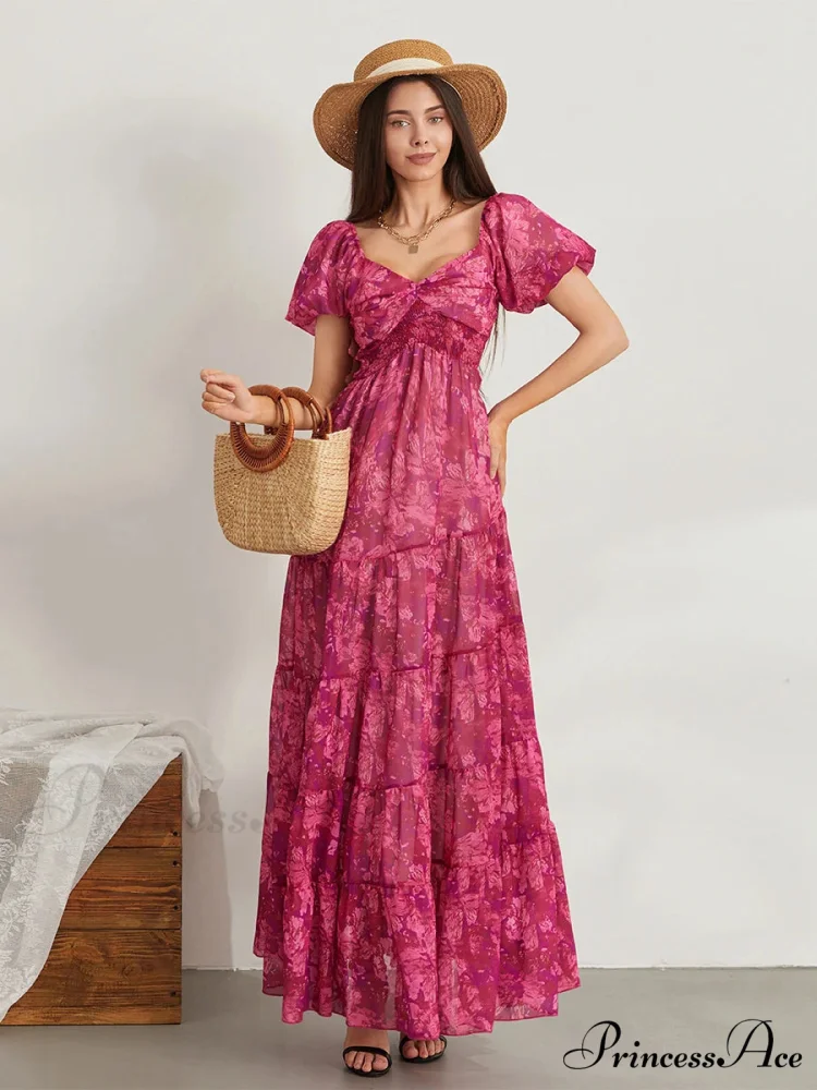 Vintage Flower Pattern Swing Puff Short Sleeve Sweetheart Neck A-Line Beach Dress - Image 9