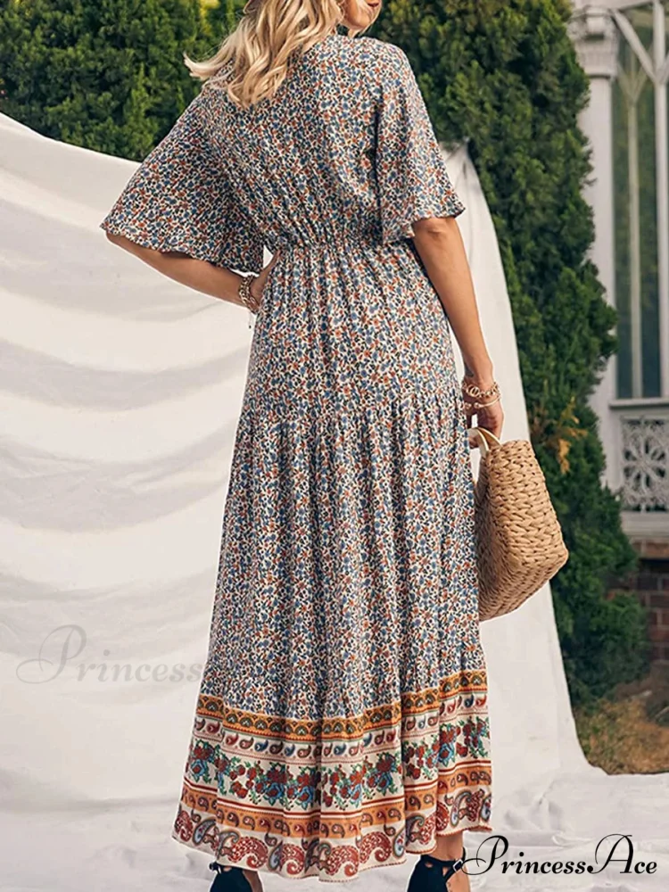 Vintage Flower Pattern V-neck Bohemian Sun Dress - Image 2