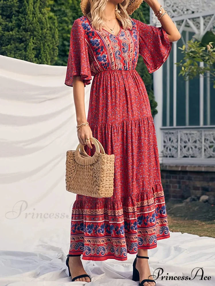 Vintage Flower Pattern V-neck Bohemian Sun Dress - Image 3