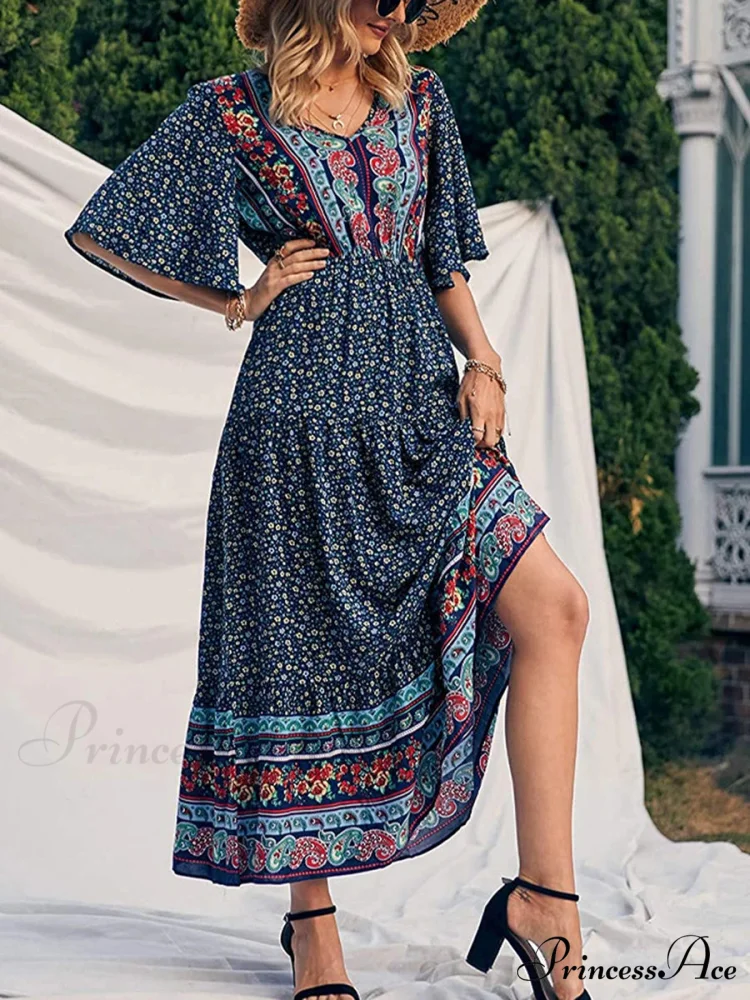 Vintage Flower Pattern V-neck Bohemian Sun Dress - Image 4