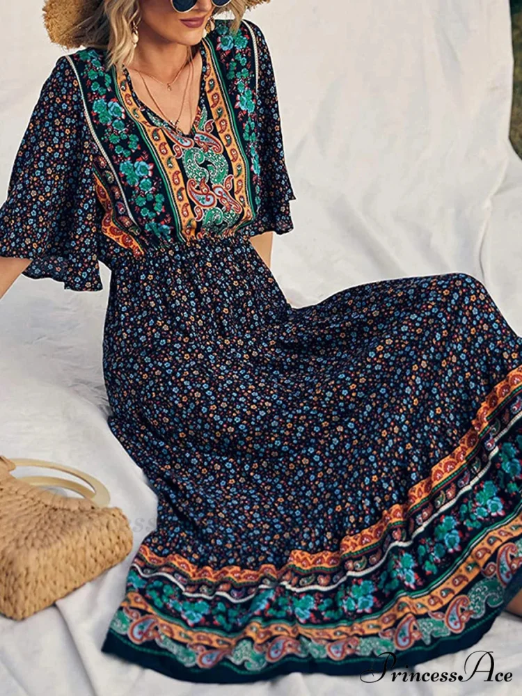 Vintage Flower Pattern V-neck Bohemian Sun Dress - Image 5