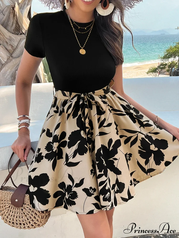 Vintage Joined High Waist Flower Pattern Dress - Image 3