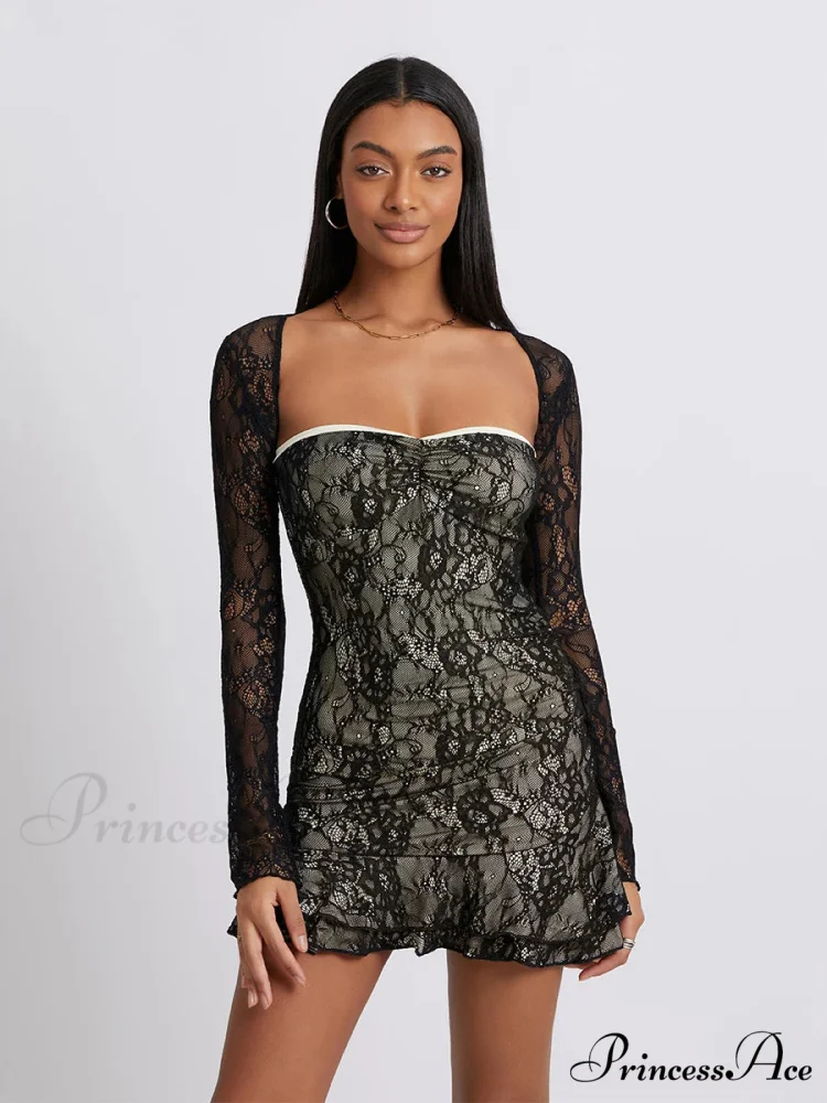 Vintage Lace Bandeau Frilled Mini Dress Extended Sleeve Shrug - Image 2