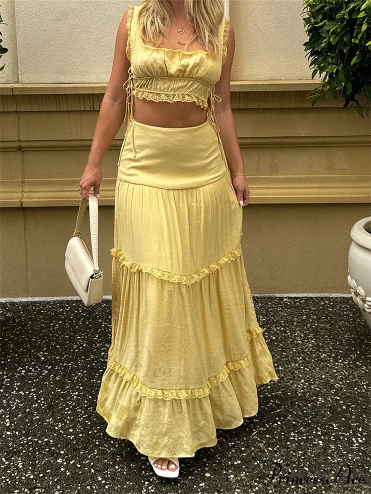 Vintage Lace Trim Sleeveless Square Neck Tank Crop Top with Long Skirt Set - Image 2