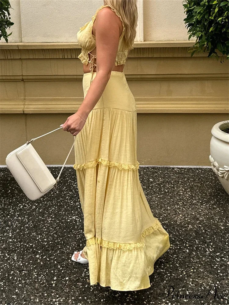 Vintage Lace Trim Sleeveless Square Neck Tank Crop Top with Long Skirt Set - Image 3
