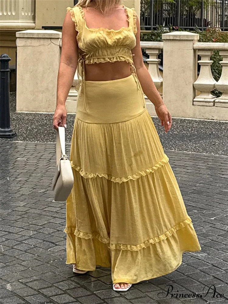 Vintage Lace Trim Sleeveless Square Neck Tank Crop Top with Long Skirt Set - Image 4