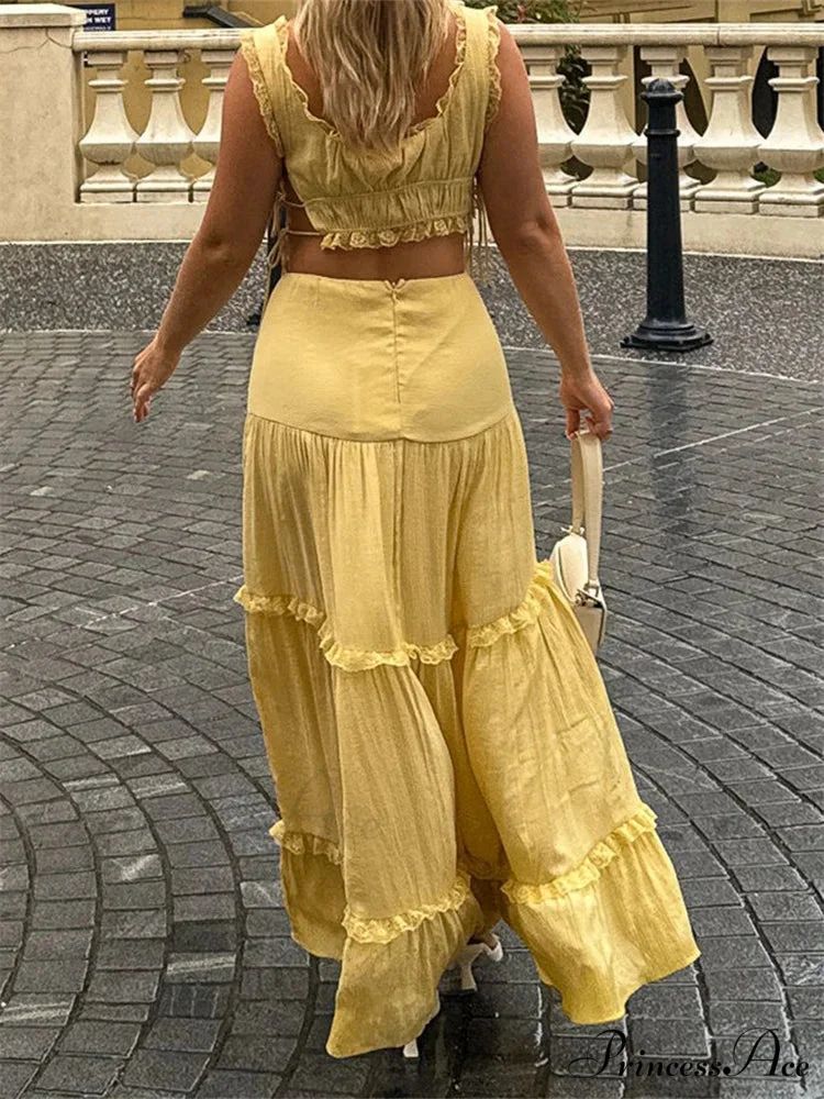 Vintage Lace Trim Sleeveless Square Neck Tank Crop Top with Long Skirt Set - Image 5