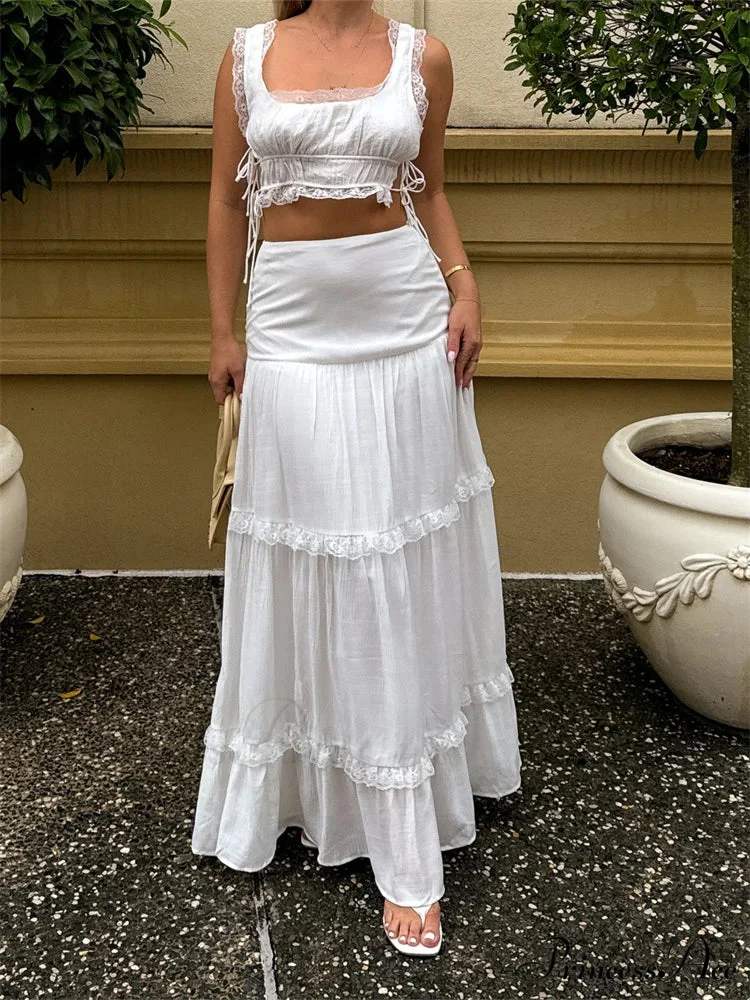 Vintage Lace Trim Sleeveless Square Neck Tank Crop Top with Long Skirt Set - Image 6
