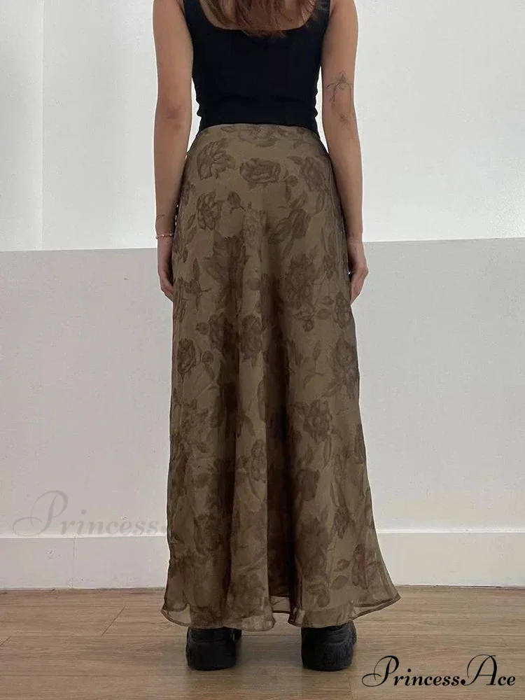 Vintage Long Skirt Retro Floral Print Low Rise Skirt - Image 3
