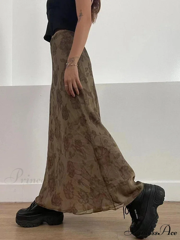 Vintage Long Skirt Retro Floral Print Low Rise Skirt - Image 4