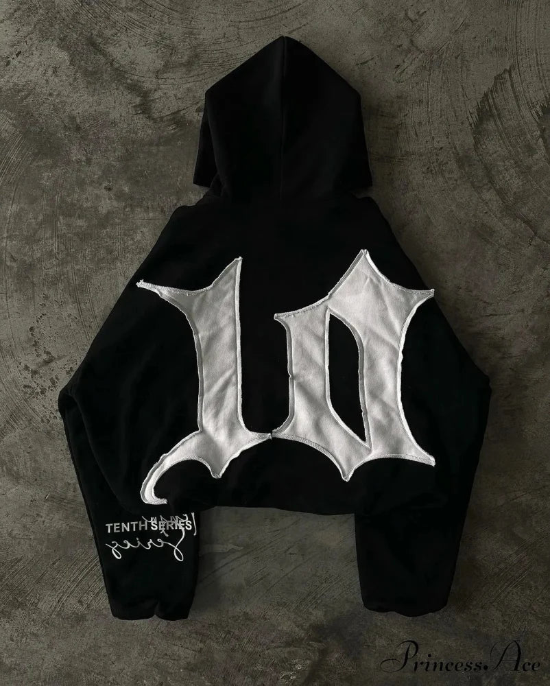 Vintage Patch Dark Cotton Hoodie - Image 4