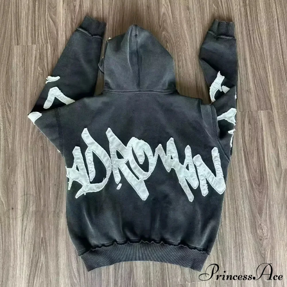 Vintage Patched Letter Zip Hoodie - Image 2
