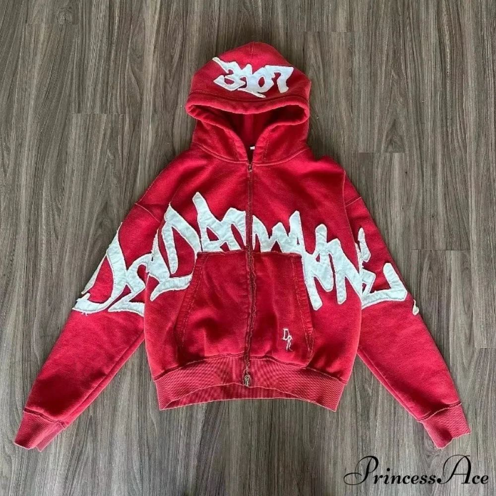 Vintage Patched Letter Zip Hoodie - Image 3