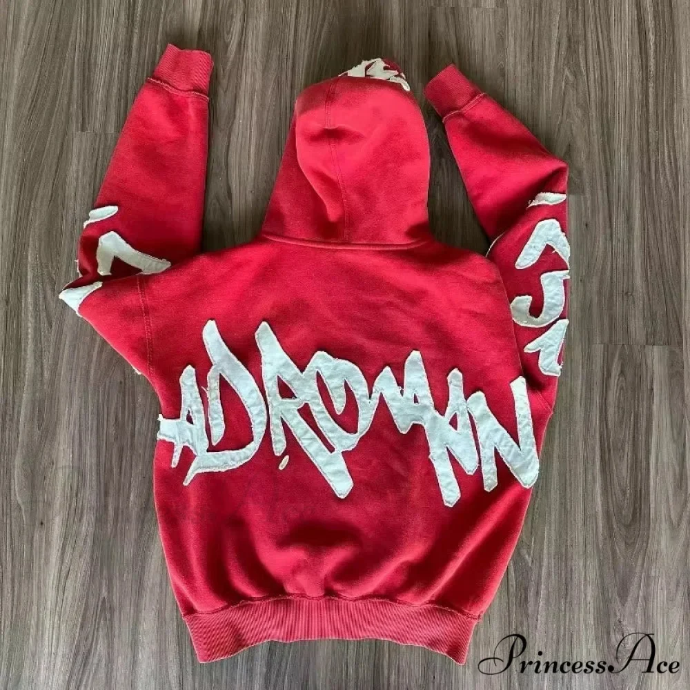 Vintage Patched Letter Zip Hoodie - Image 4