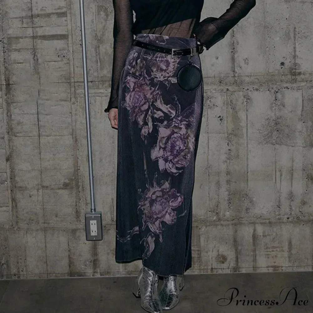 Vintage Purple Floral Print Slit Autumn Skirt - Image 2
