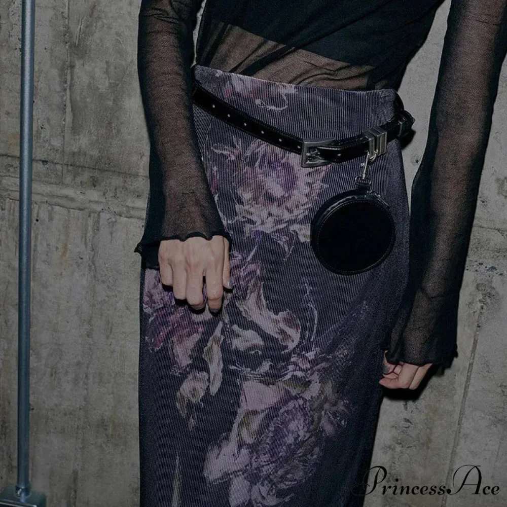 Vintage Purple Floral Print Slit Autumn Skirt - Image 3
