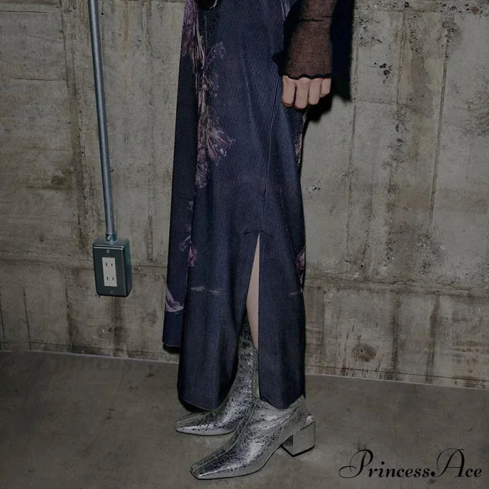 Vintage Purple Floral Print Slit Autumn Skirt - Image 4