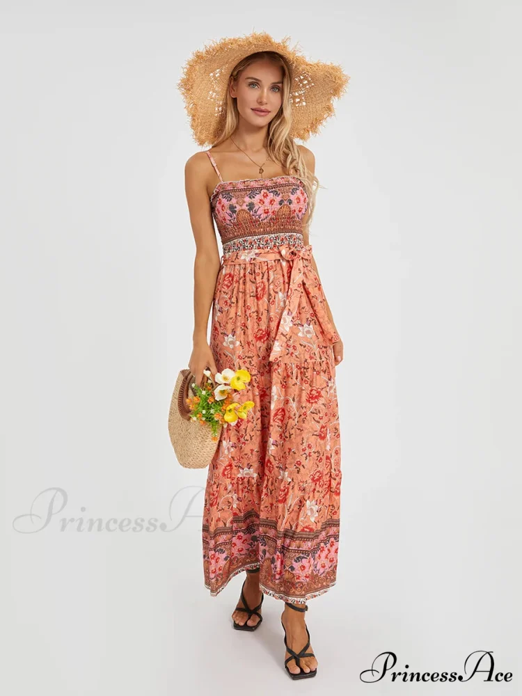 Vintage Retro Flower Swing Spaghetti Straps Cinched Long Flower Dress - Image 2