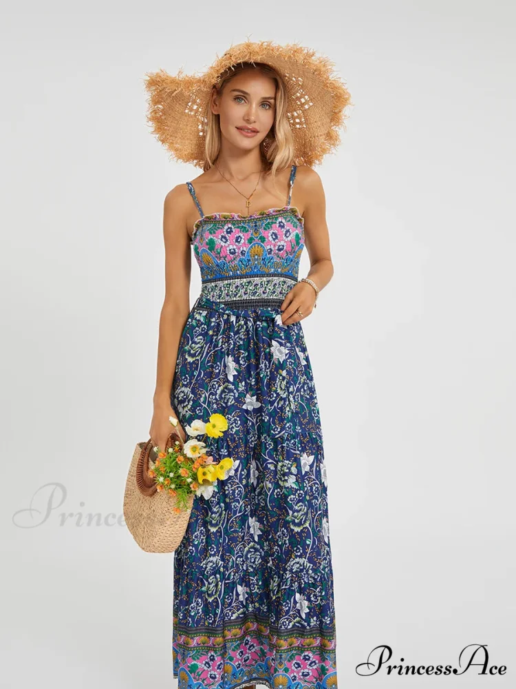 Vintage Retro Flower Swing Spaghetti Straps Cinched Long Flower Dress - Image 3