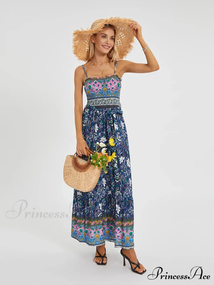Vintage Retro Flower Swing Spaghetti Straps Cinched Long Flower Dress - Image 4