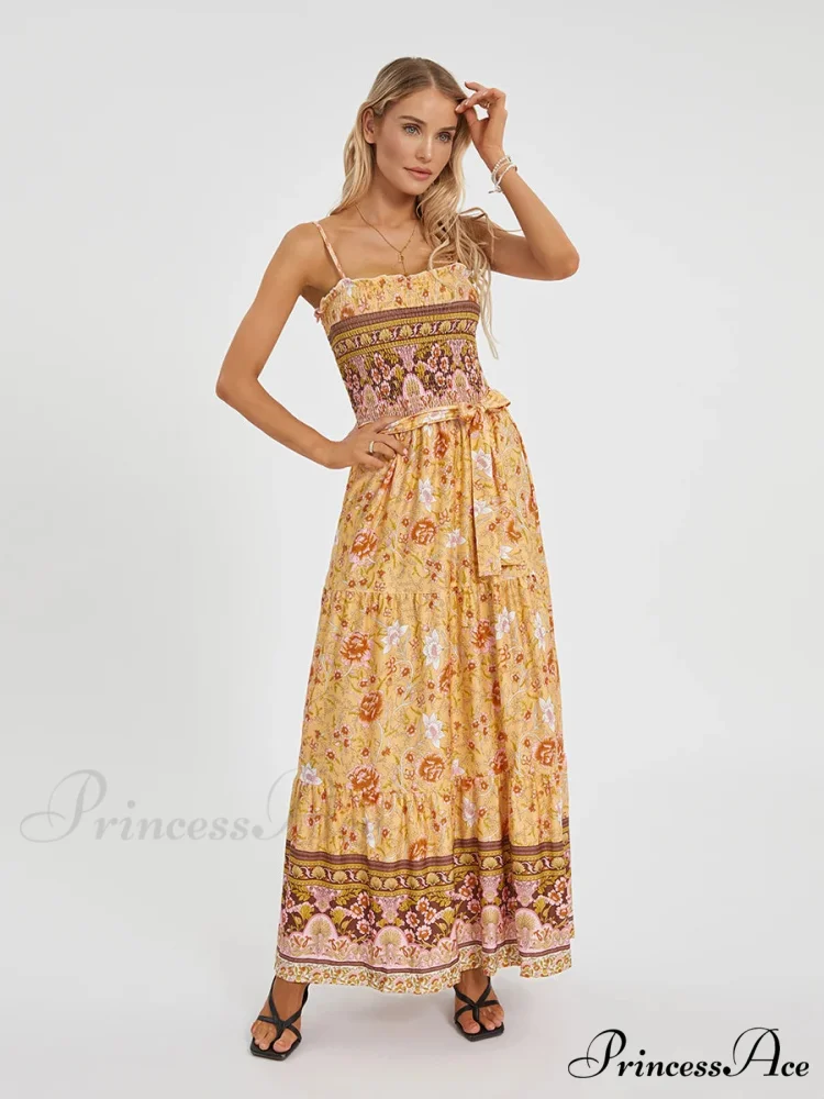Vintage Retro Flower Swing Spaghetti Straps Cinched Long Flower Dress - Image 5