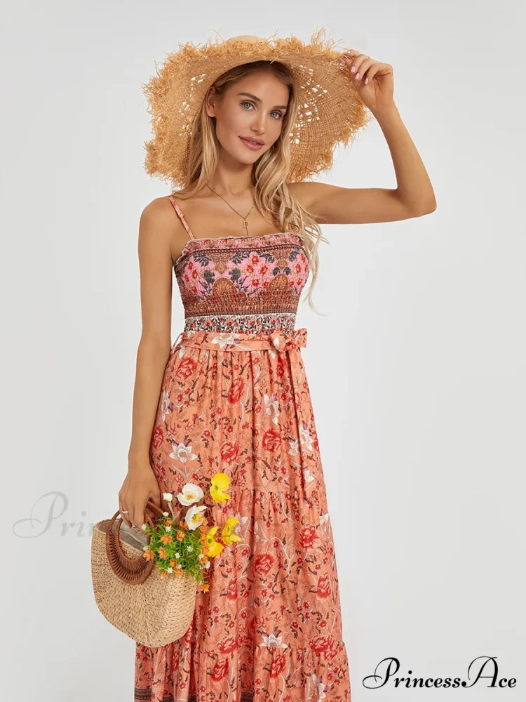 Vintage Retro Flower Swing Spaghetti Straps Cinched Long Flower Dress - Image 6