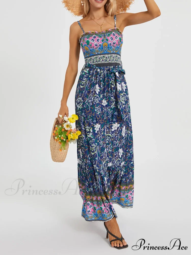 Vintage Retro Flower Swing Spaghetti Straps Cinched Long Flower Dress - Image 7
