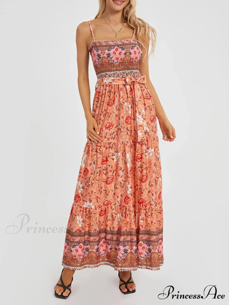 Vintage Retro Flower Swing Spaghetti Straps Cinched Long Flower Dress - Image 8